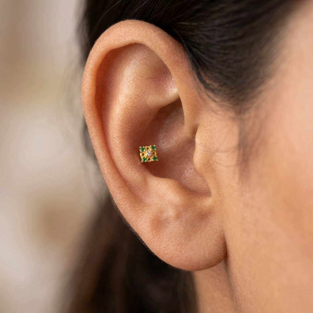 9K Gold Emerald Square Floral Second Stud Earrings
