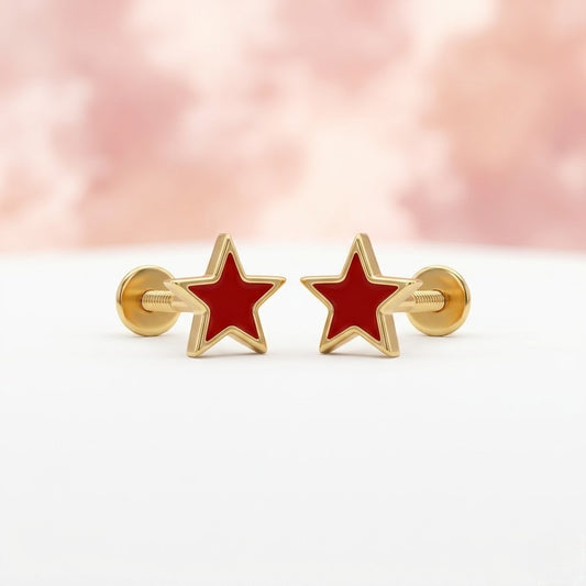 9K Gold Red Enamel Star Second Stud Earrings