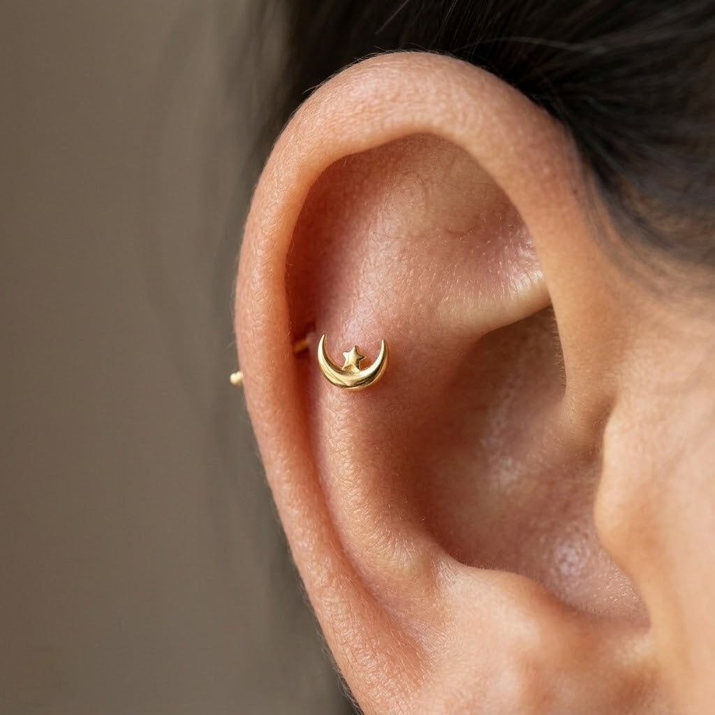 9K Gold Moon Star Second Stud Earrings