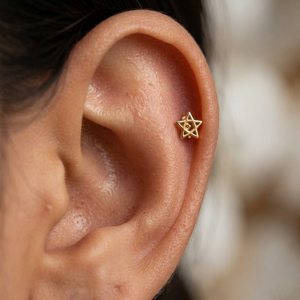 9K Gold Cutwork Star Second Stud Earrings