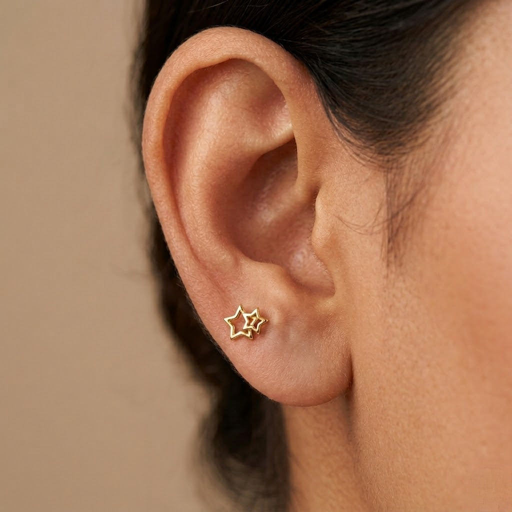 9K Gold Twin Outline Star Second Stud Earrings