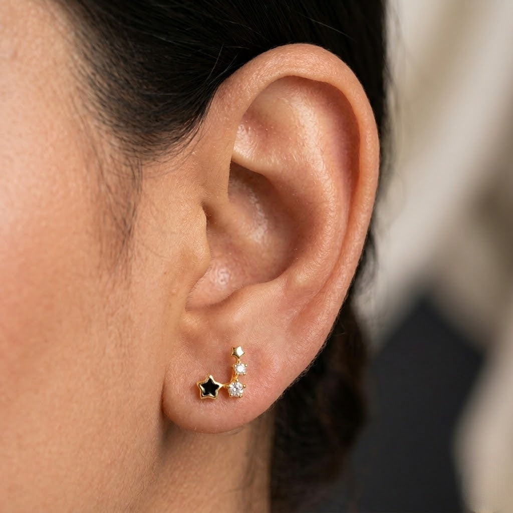 9K Gold Black Star Constellation Second Stud Earrings