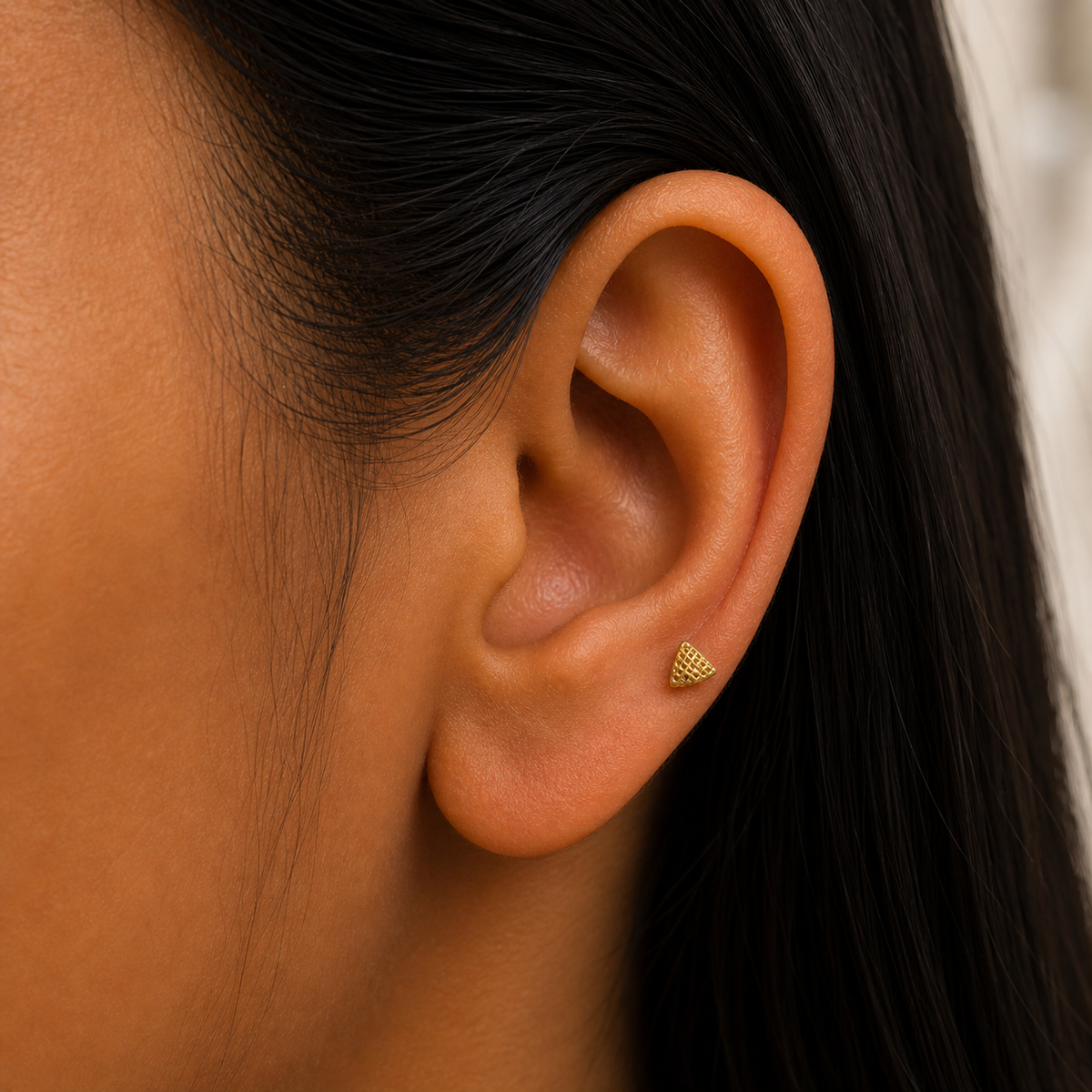 9K Gold Textured Triangle Second Stud Earrings