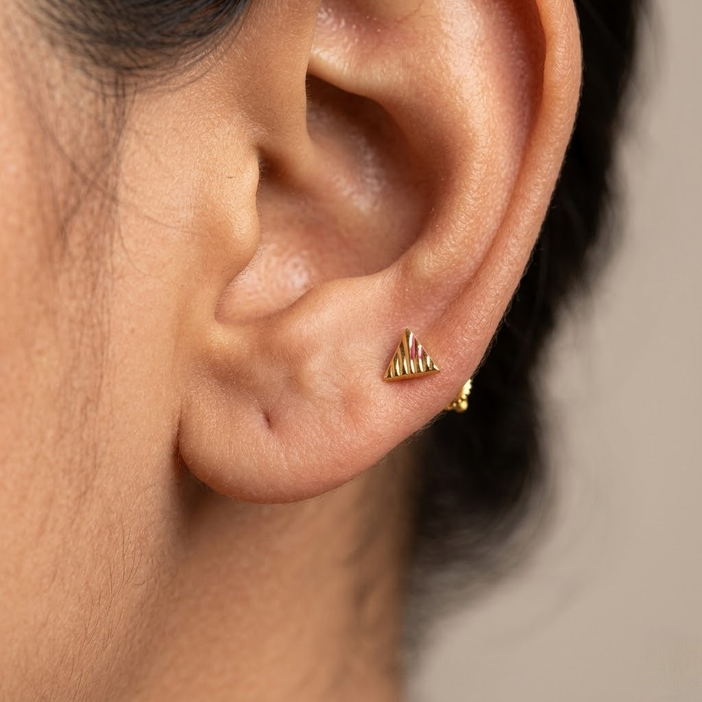9K Gold Fluted Triangle Second Stud Earrings