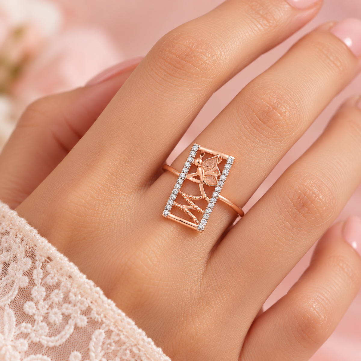 Rectangle Frame Butterfly Gold Ring