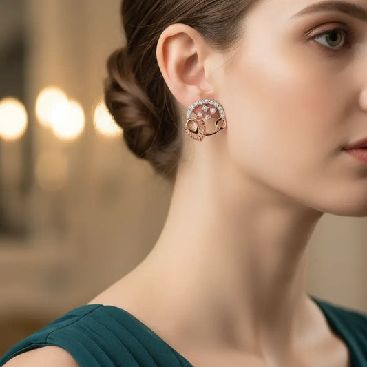 Circle Stone Feather Gold Earrings