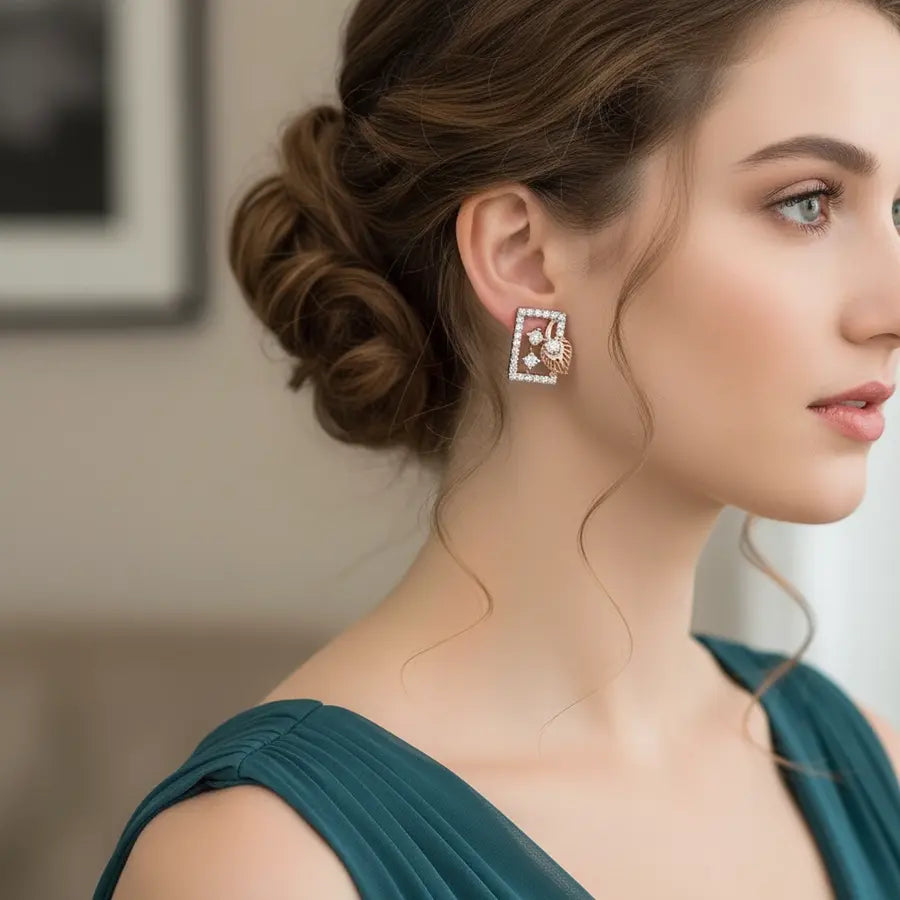 Rectangular Feather Gold Earrings