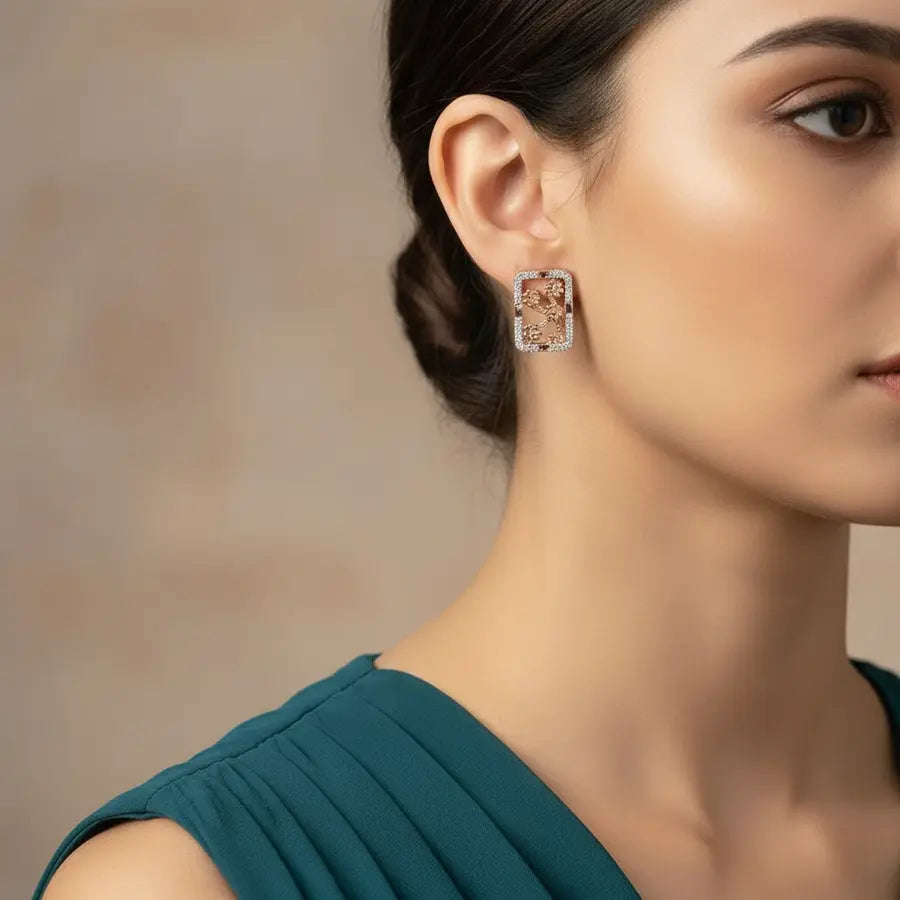 Rectangle Floral Five Gold Earrings