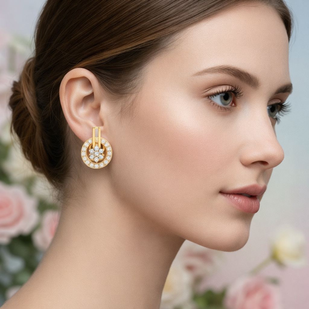 Classic Floral Halo Diamond Gold Earrings