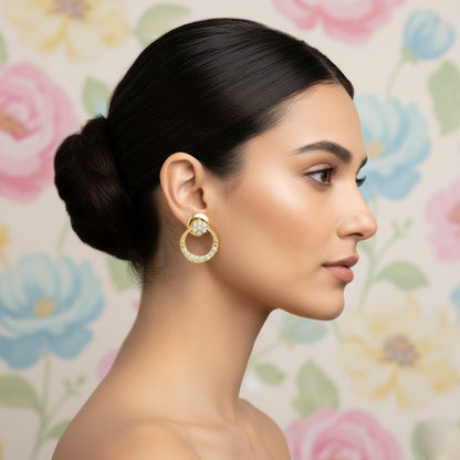 Circular Blossom Halo Diamond Gold Earrings