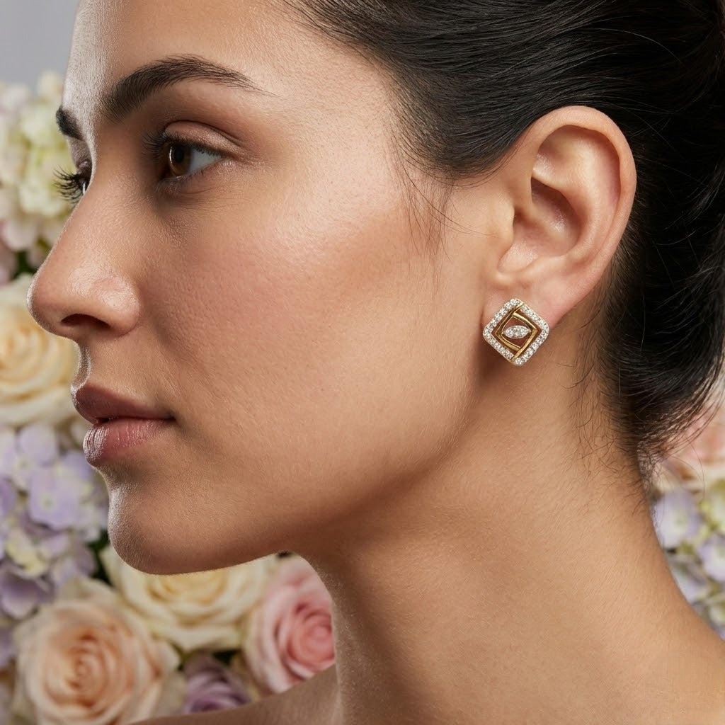 Two-Tone Square Design Diamond Gold Earrings