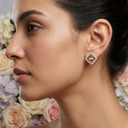Two-Tone Square Design Diamond Gold Earrings