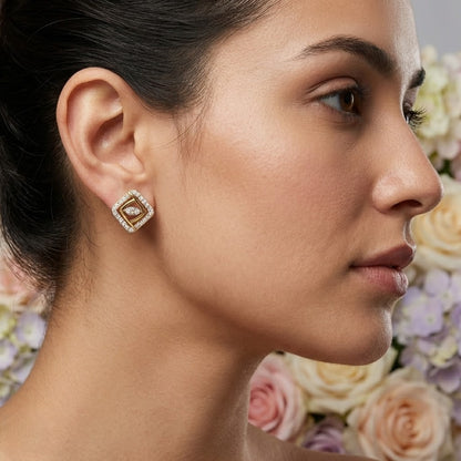 Two-Tone Square Design Diamond Gold Earrings