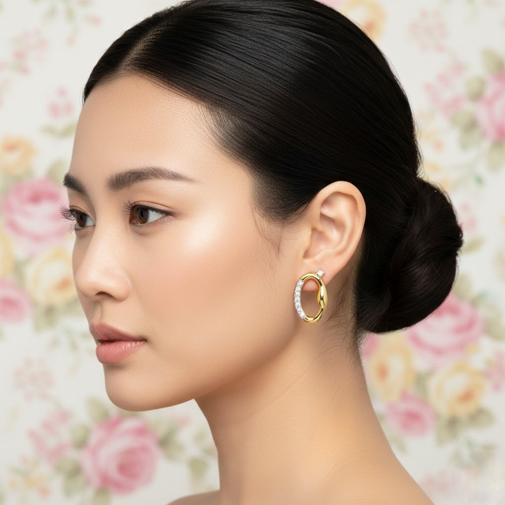 Elegant Oval Loop Diamond Gold Earrings
