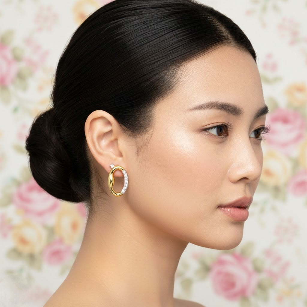 Elegant Oval Loop Diamond Gold Earrings