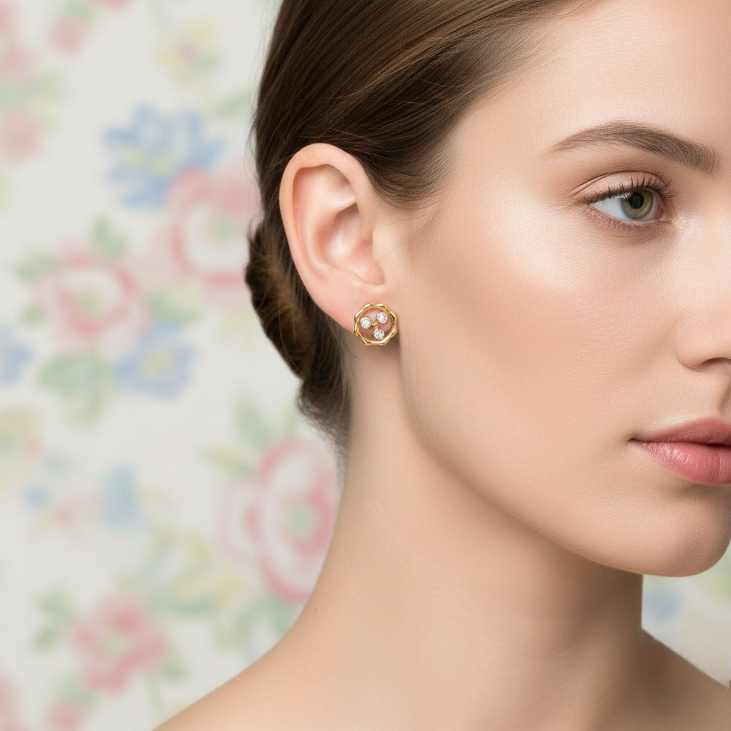 Modern Ripple Circle Diamond Gold Earrings