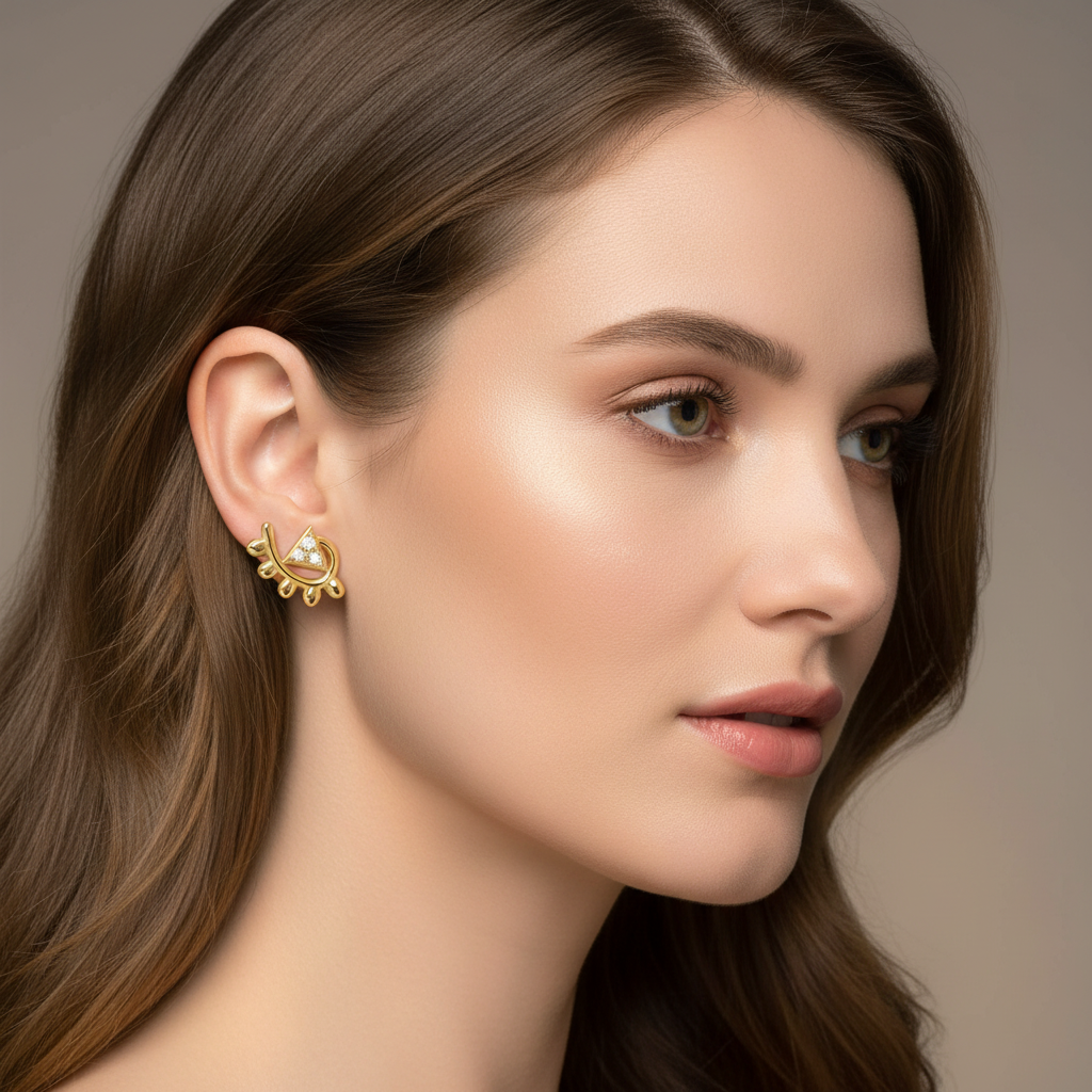 Unique Triangle Floral Diamond Gold Earrings