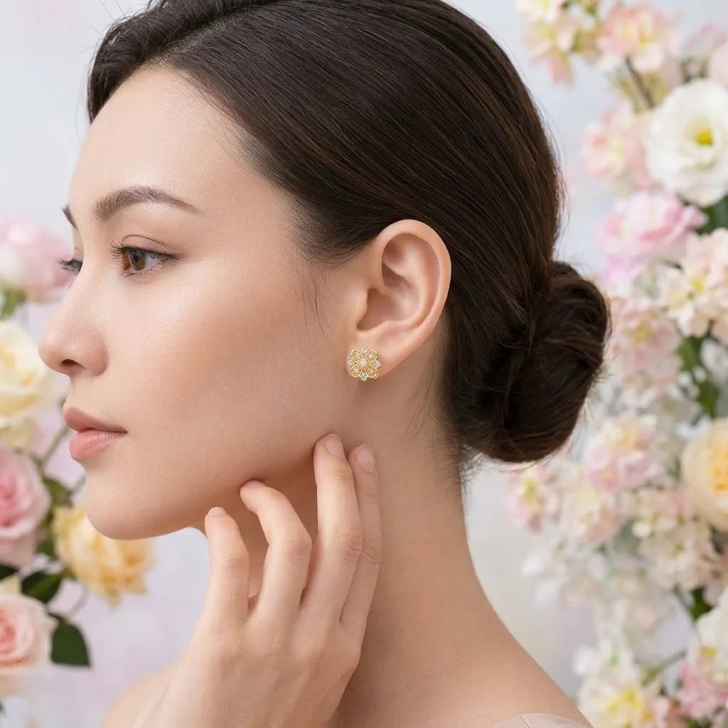 9K Yellow Gold Petal Diamond Earrings for Women by TTJ Jewellery