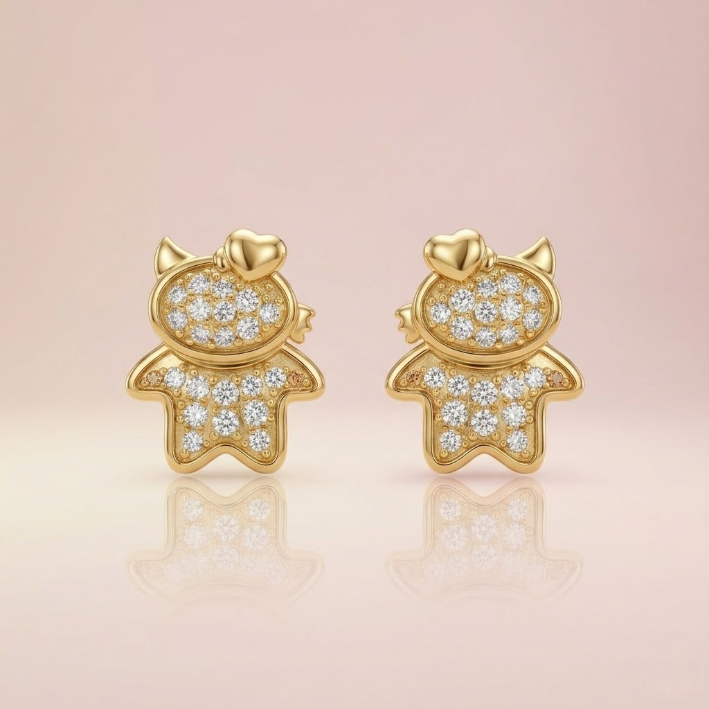 Girl Figurine Diamond Gold Earrings