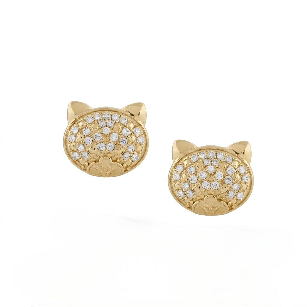 Cat Face Diamond Gold Earrings