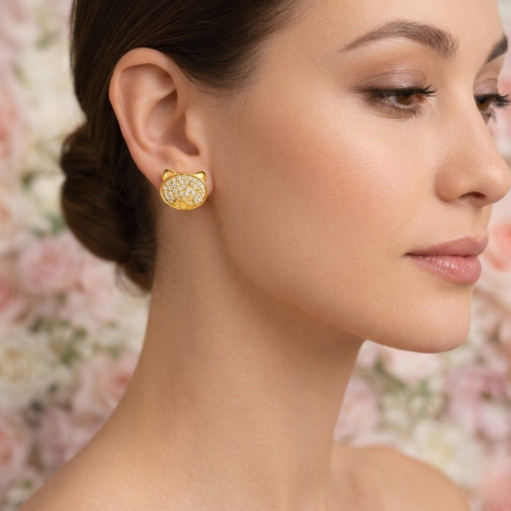 Cat Face Diamond Gold Earrings
