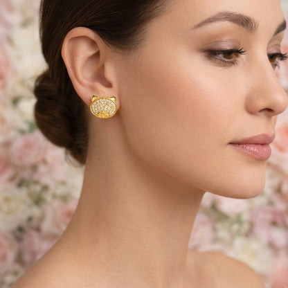 Cat Face Diamond Gold Earrings