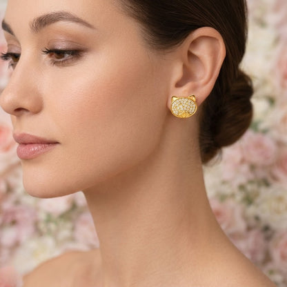Cat Face Diamond Gold Earrings