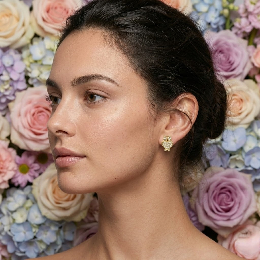 Owl Diamond Gold Earrings