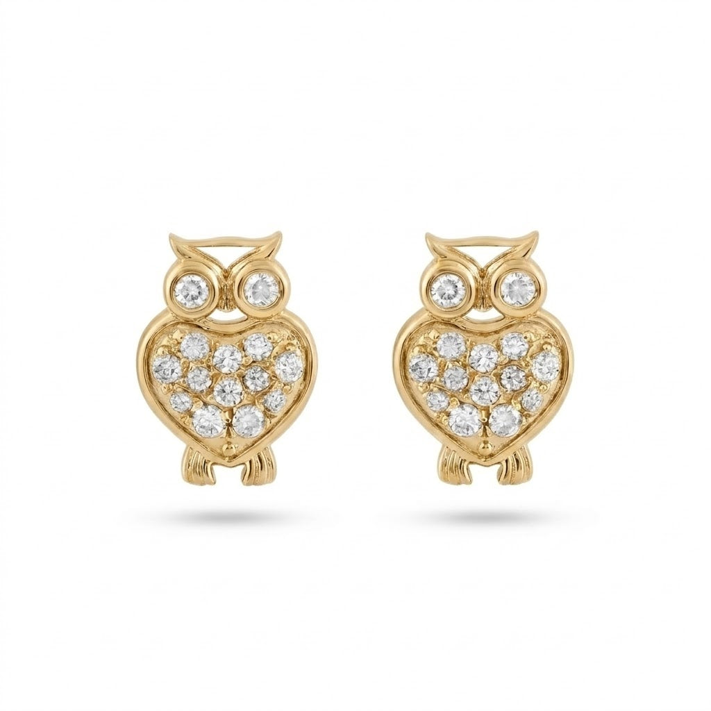 Owl Diamond Gold Earrings