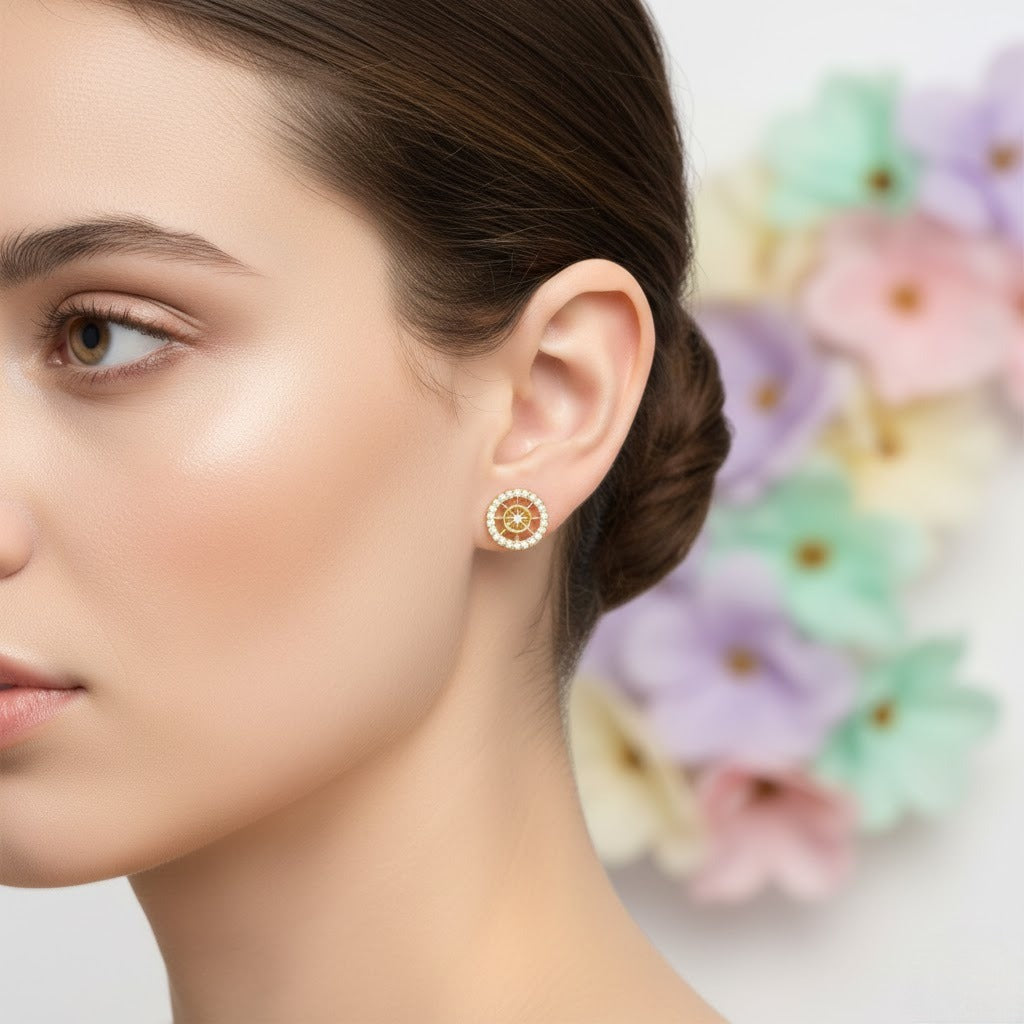 Radiant Wheel Halo Diamond Gold Earrings