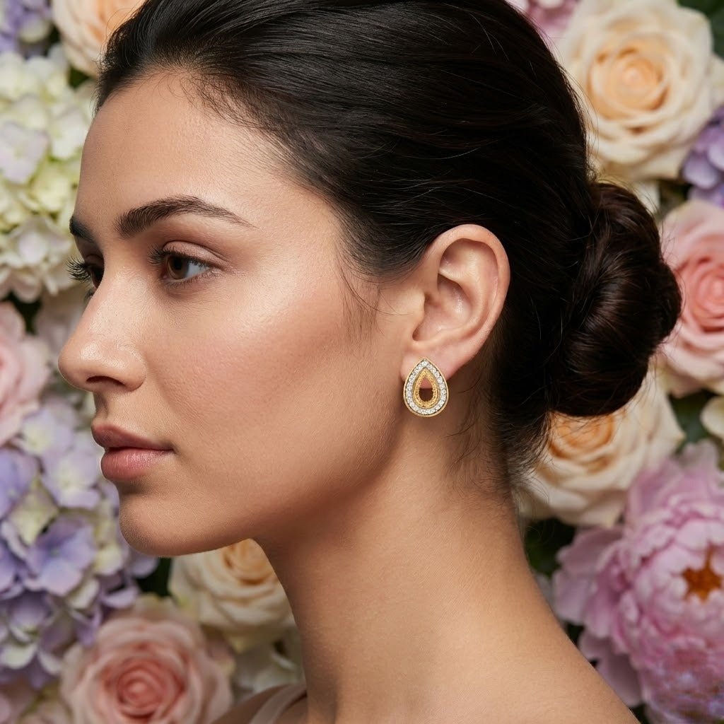 Elegant Teardrop Halo Diamond Gold Earrings