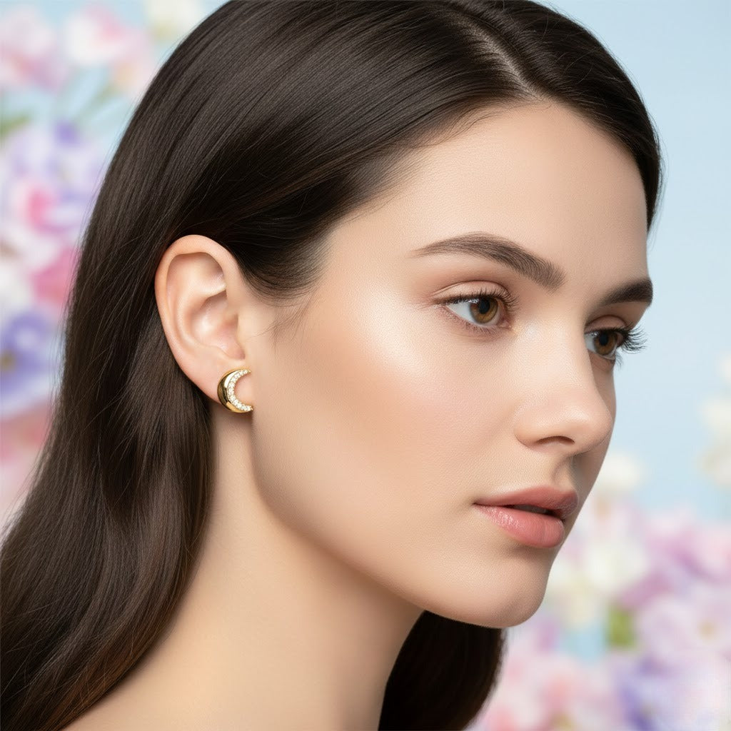 Crescent Curve Halo Diamond Gold Earrings