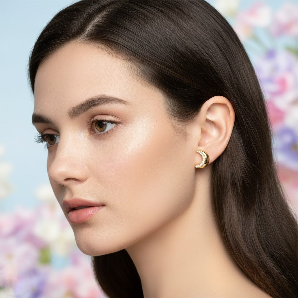 Crescent Curve Halo Diamond Gold Earrings