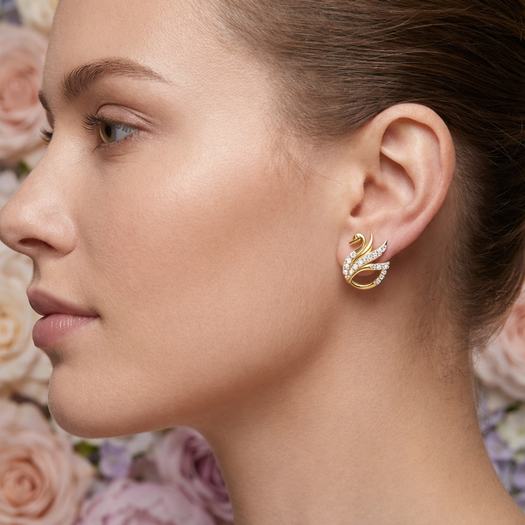 Graceful Swan Motif Diamond Gold Earrings
