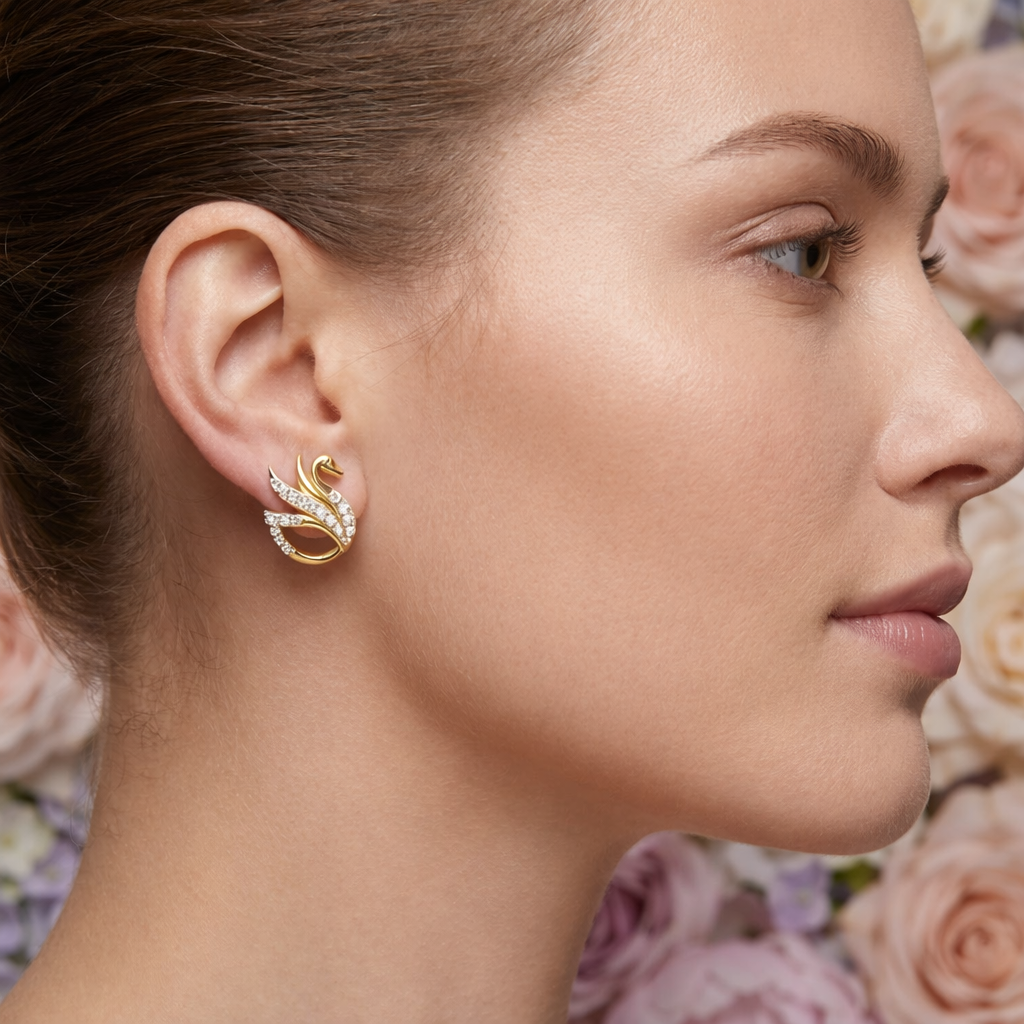 Graceful Swan Motif Diamond Gold Earrings