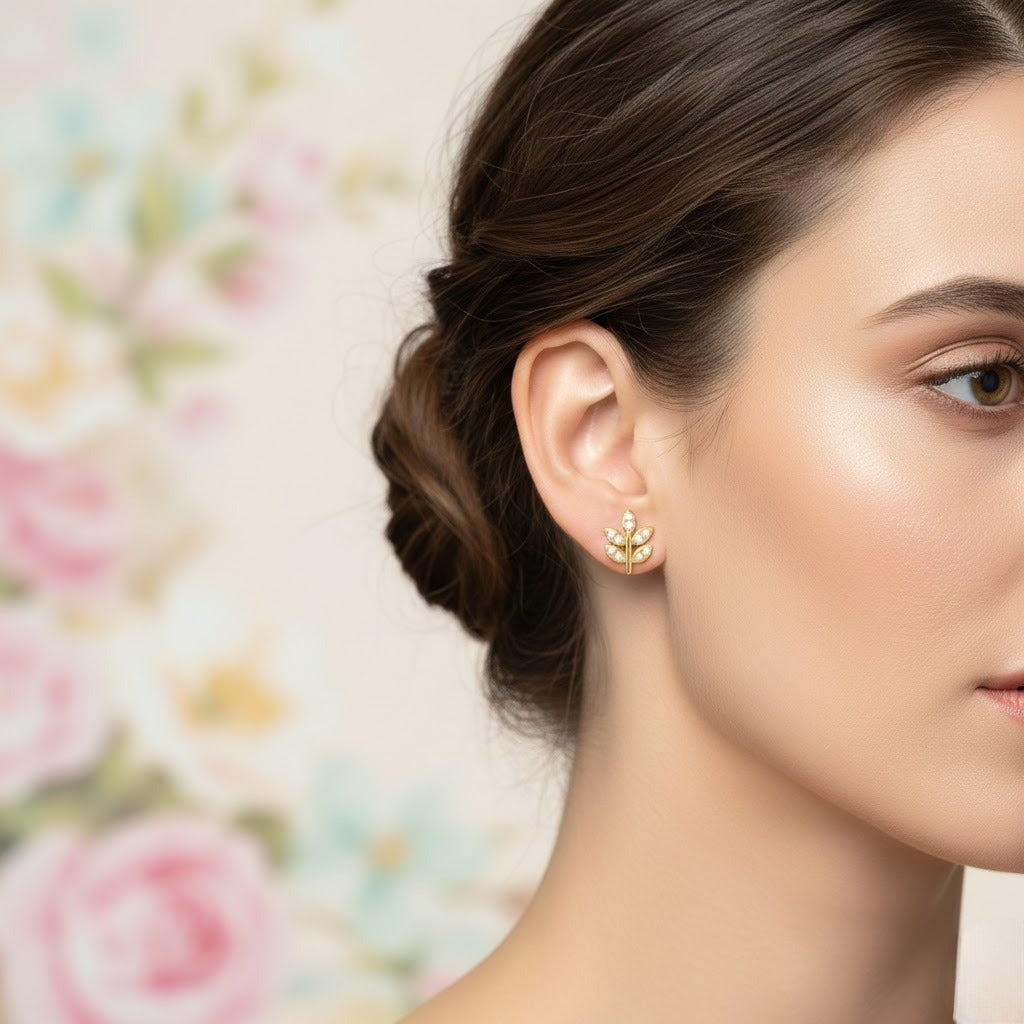 Minimal Leaf Branch Diamond Gold Earrings