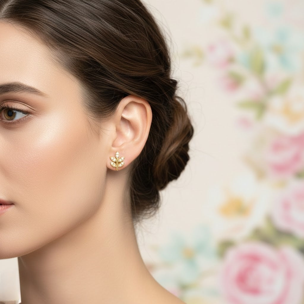 Minimal Leaf Branch Diamond Gold Earrings