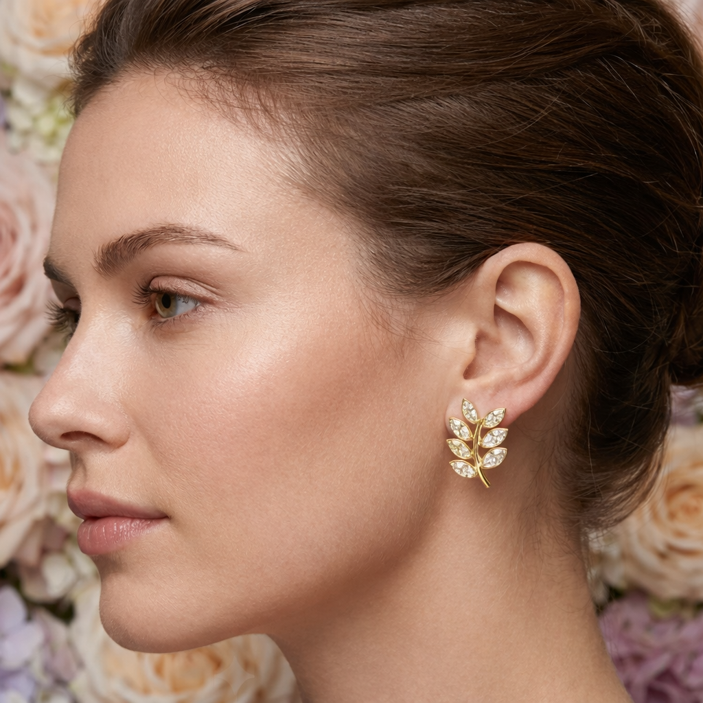 Elegant Leaf Cluster Diamond Gold Earrings