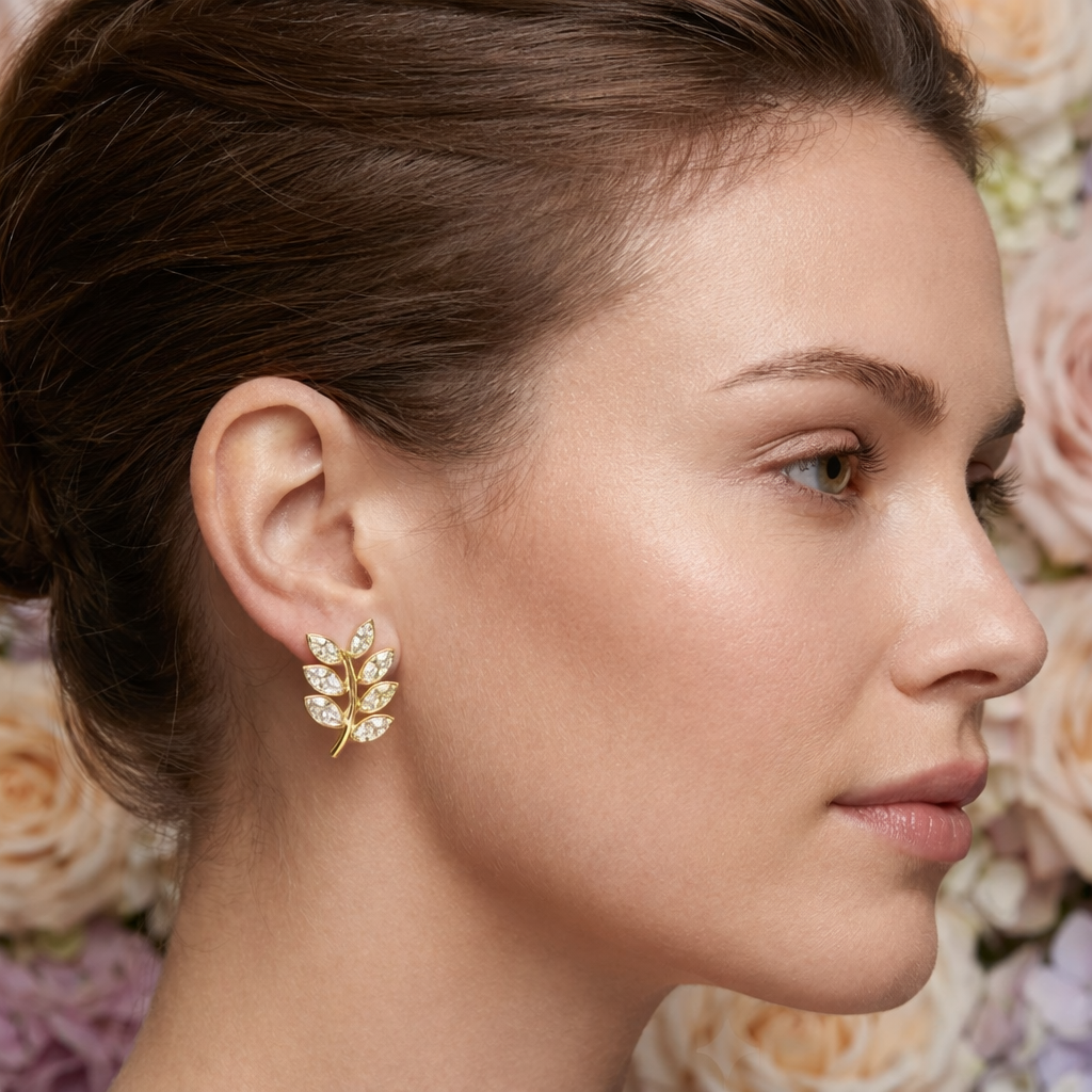 Elegant Leaf Cluster Diamond Gold Earrings