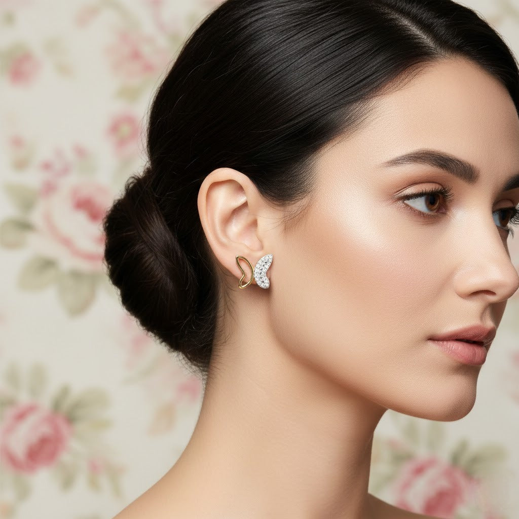 Asymmetrical Butterfly Curve Diamond Gold Earrings