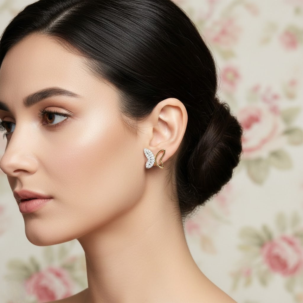 Asymmetrical Butterfly Curve Diamond Gold Earrings
