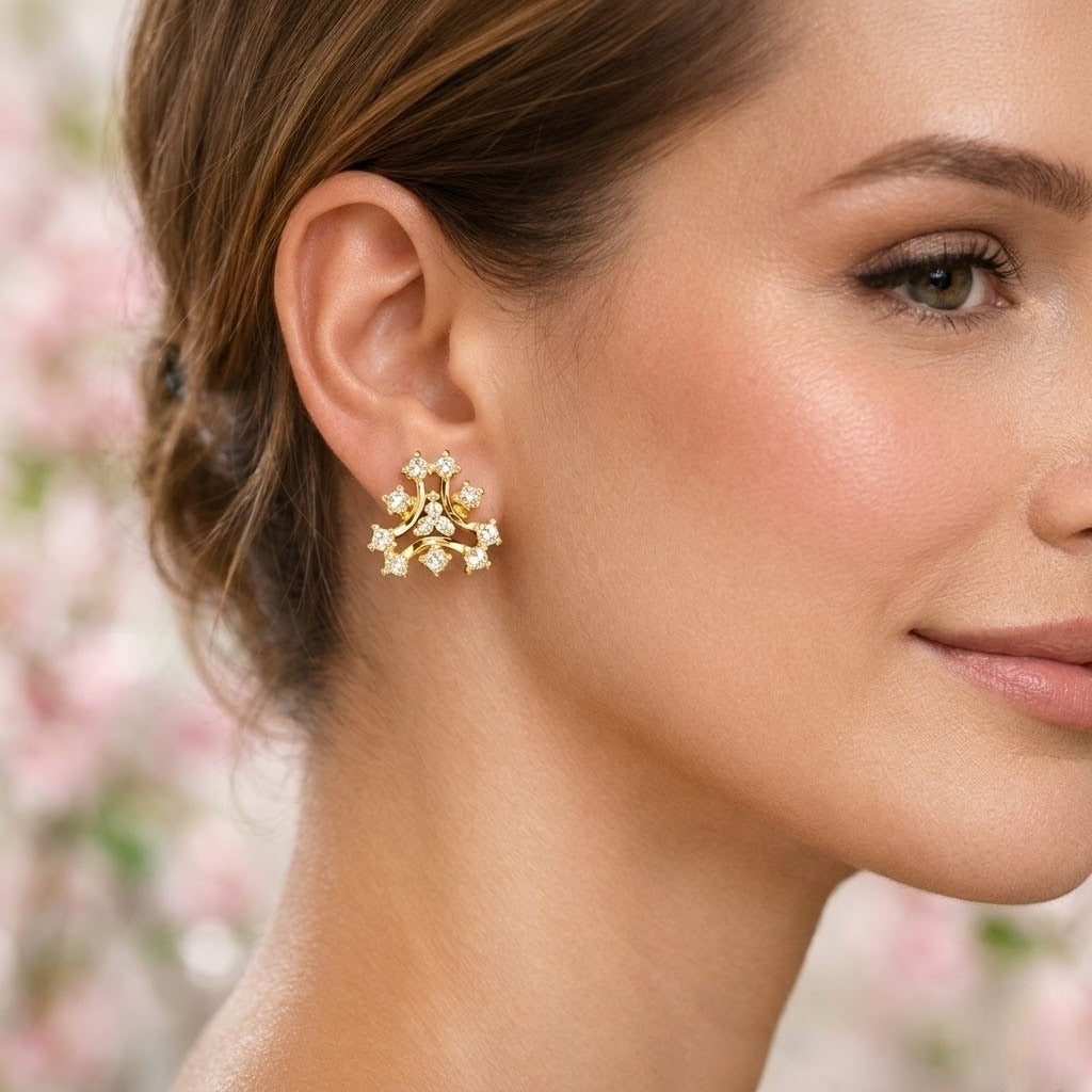 Crown Inspired Floral Diamond Gold Earrings
