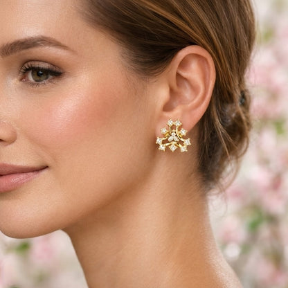 Crown Inspired Floral Diamond Gold Earrings