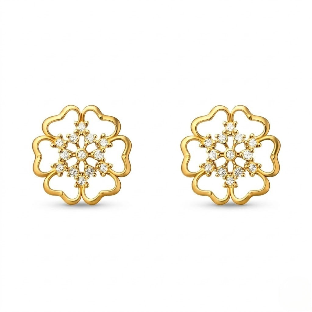 Ornate Blossom Outline Diamond Gold Earrings