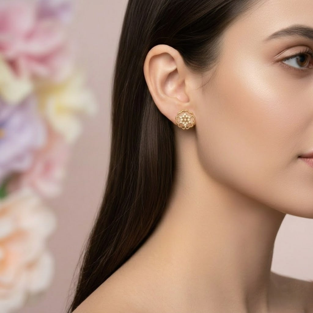 Ornate Blossom Outline Diamond Gold Earrings