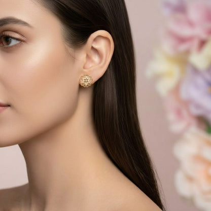 Ornate Blossom Outline Diamond Gold Earrings