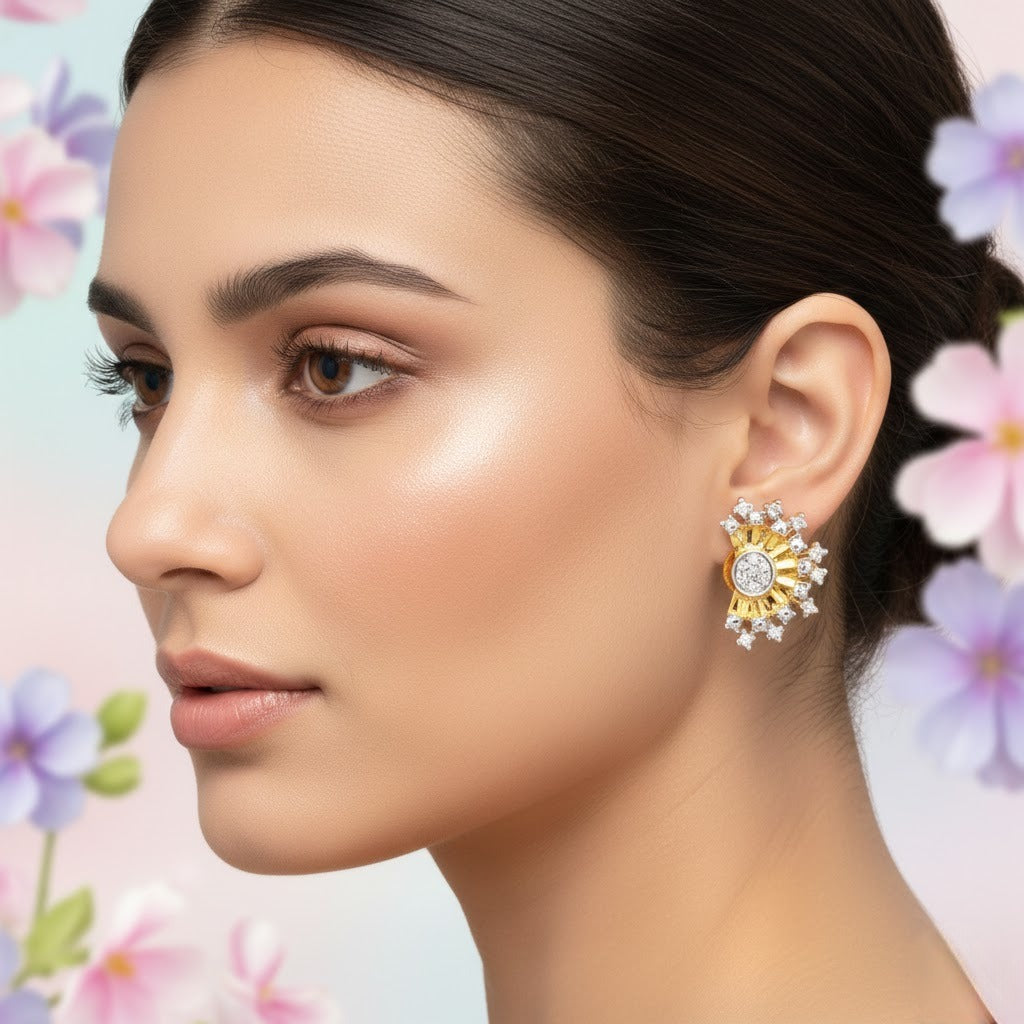 Radiant Halo Sunburst Diamond Gold Earrings