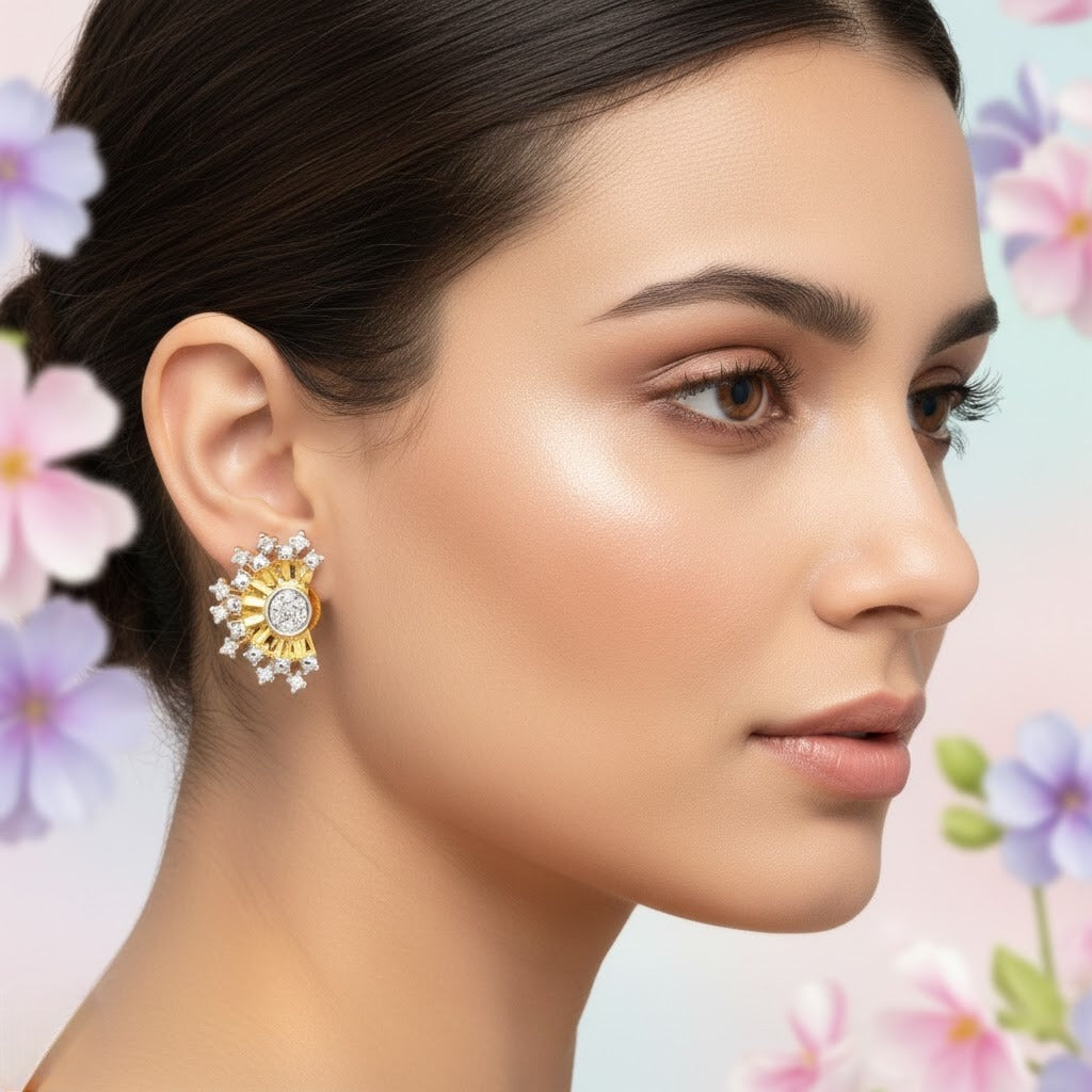 Radiant Halo Sunburst Diamond Gold Earrings