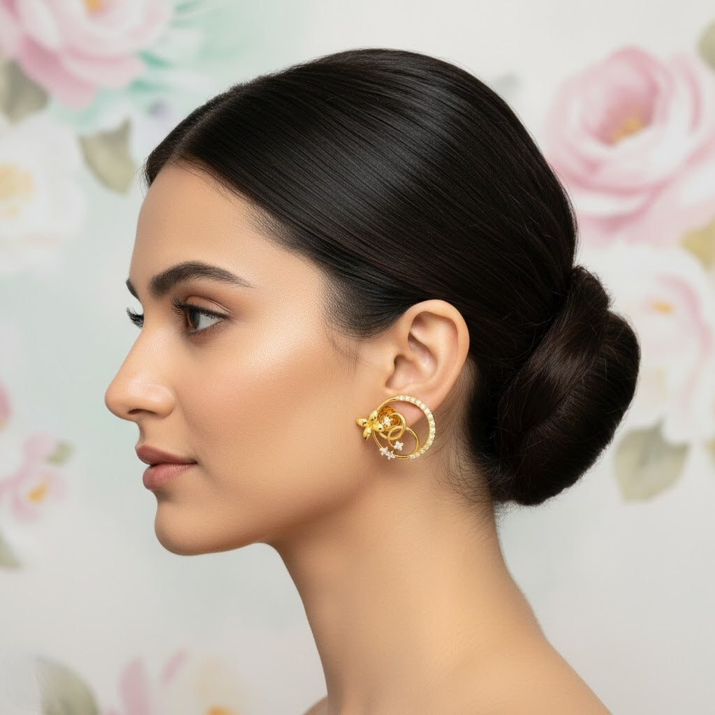 Floral Loop Circle Diamond Gold Earrings