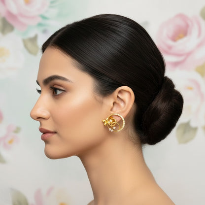 Floral Loop Circle Diamond Gold Earrings